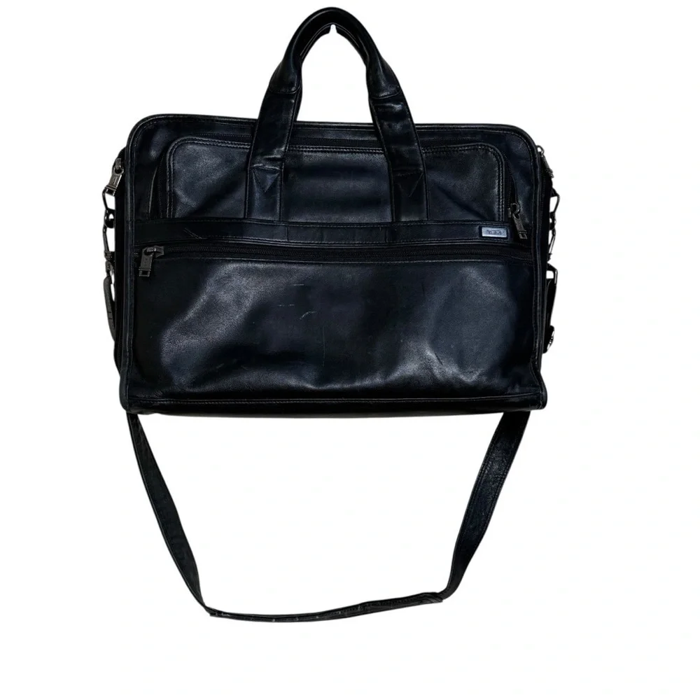 Tumi black leather expandable organizer laptop briefcase